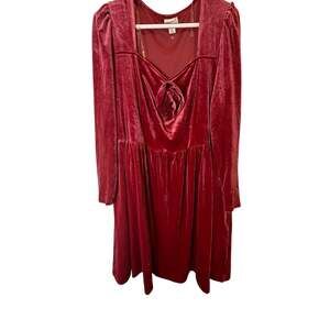 Ava & Viv Red Velvet V-Neck Long Sleeve A-Line Knee Dress Ruffle Plus 1X
